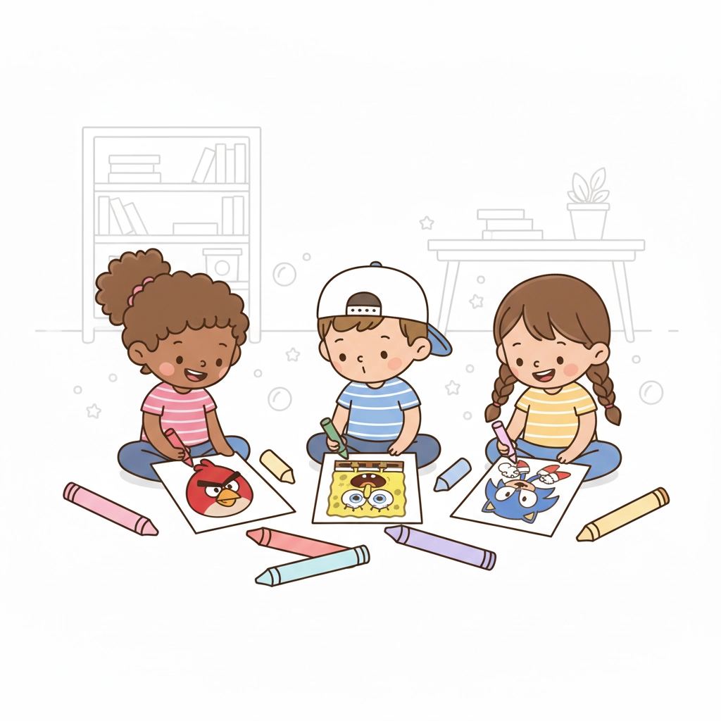 A child coloring a playful drawing of a cartoon robot and a talking animal, showcasing our printable cartoon-style pages.