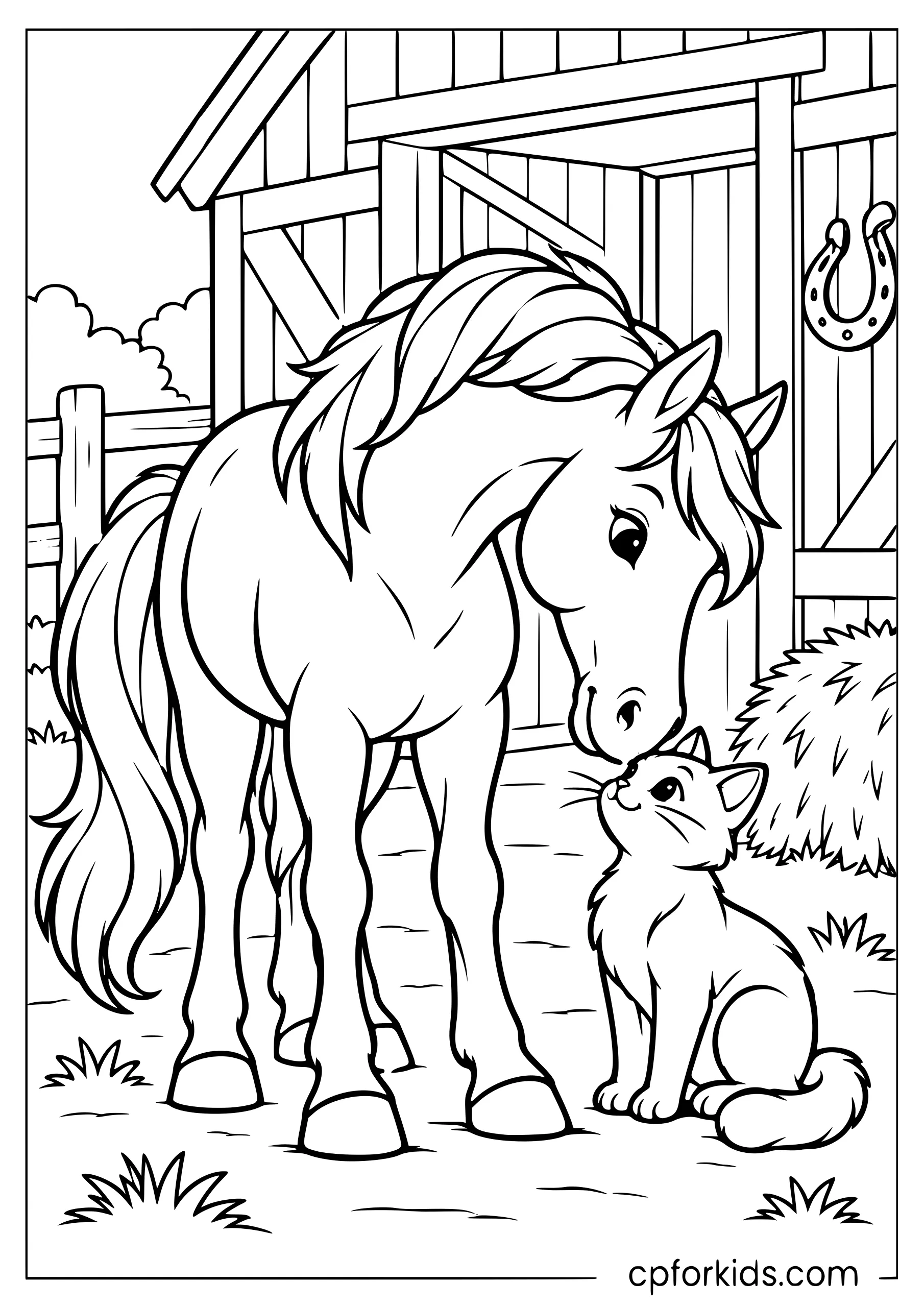 Horse touching noses with cat beside barn