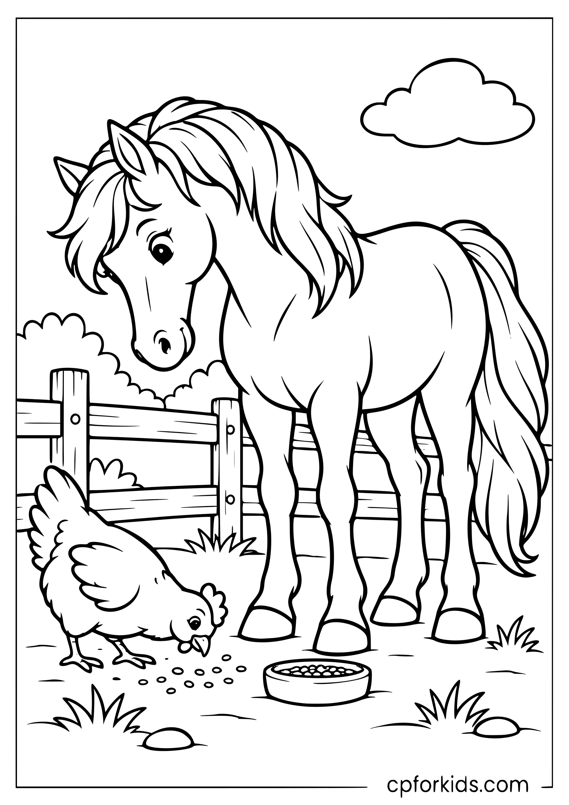 Horse watching chicken peck beside wooden fence