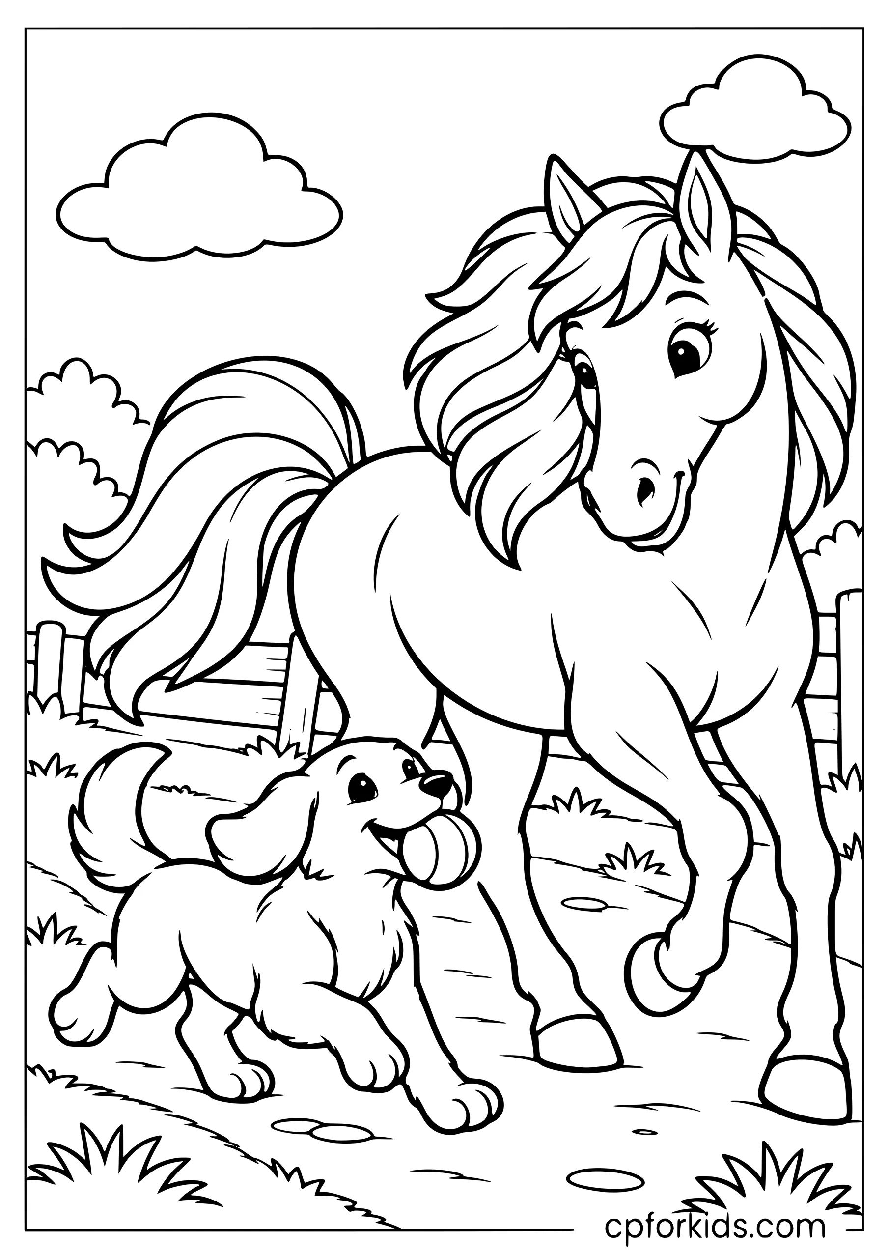 Horse trotting beside playful farm dog