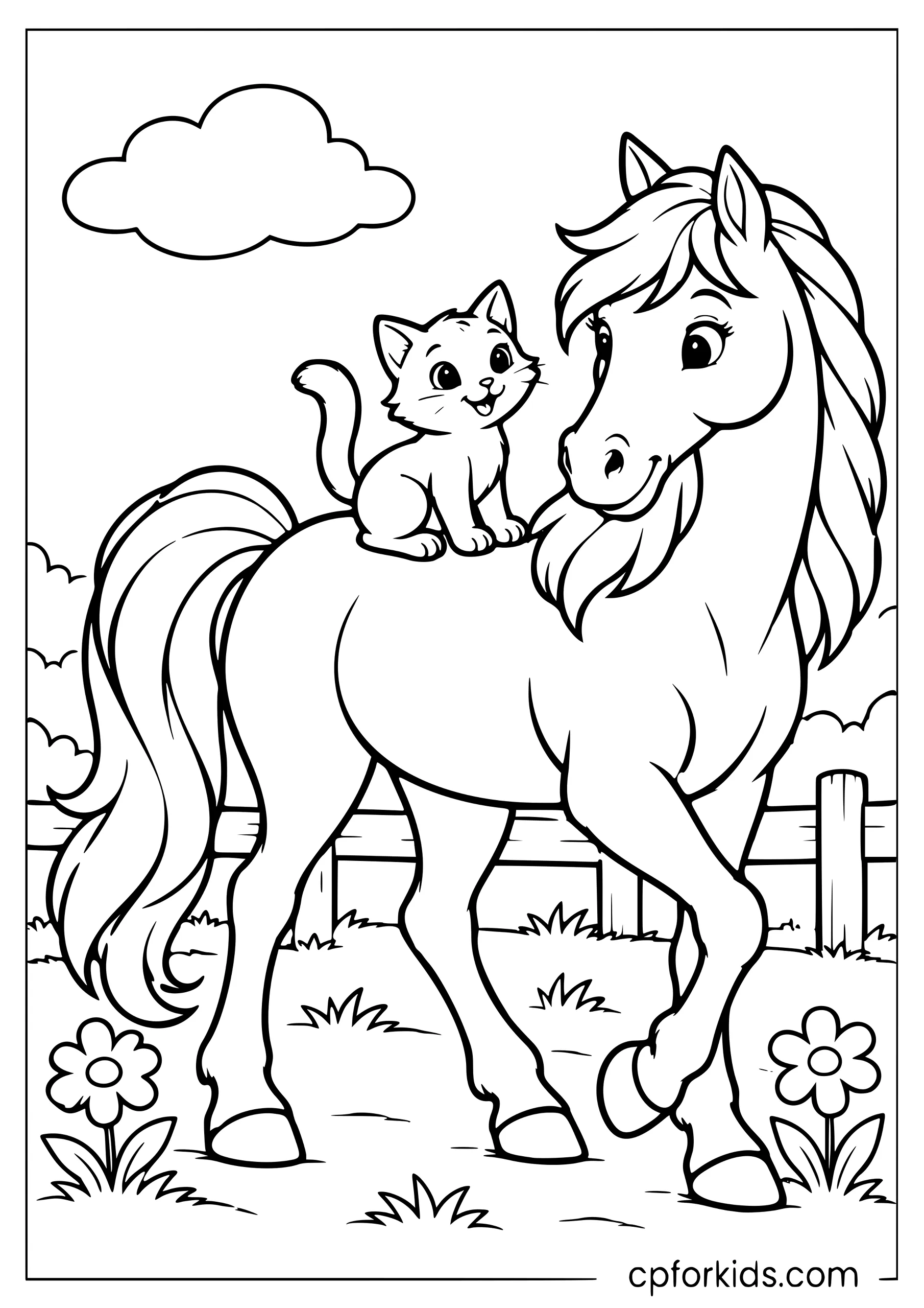 Small kitten riding on gentle horse’s back