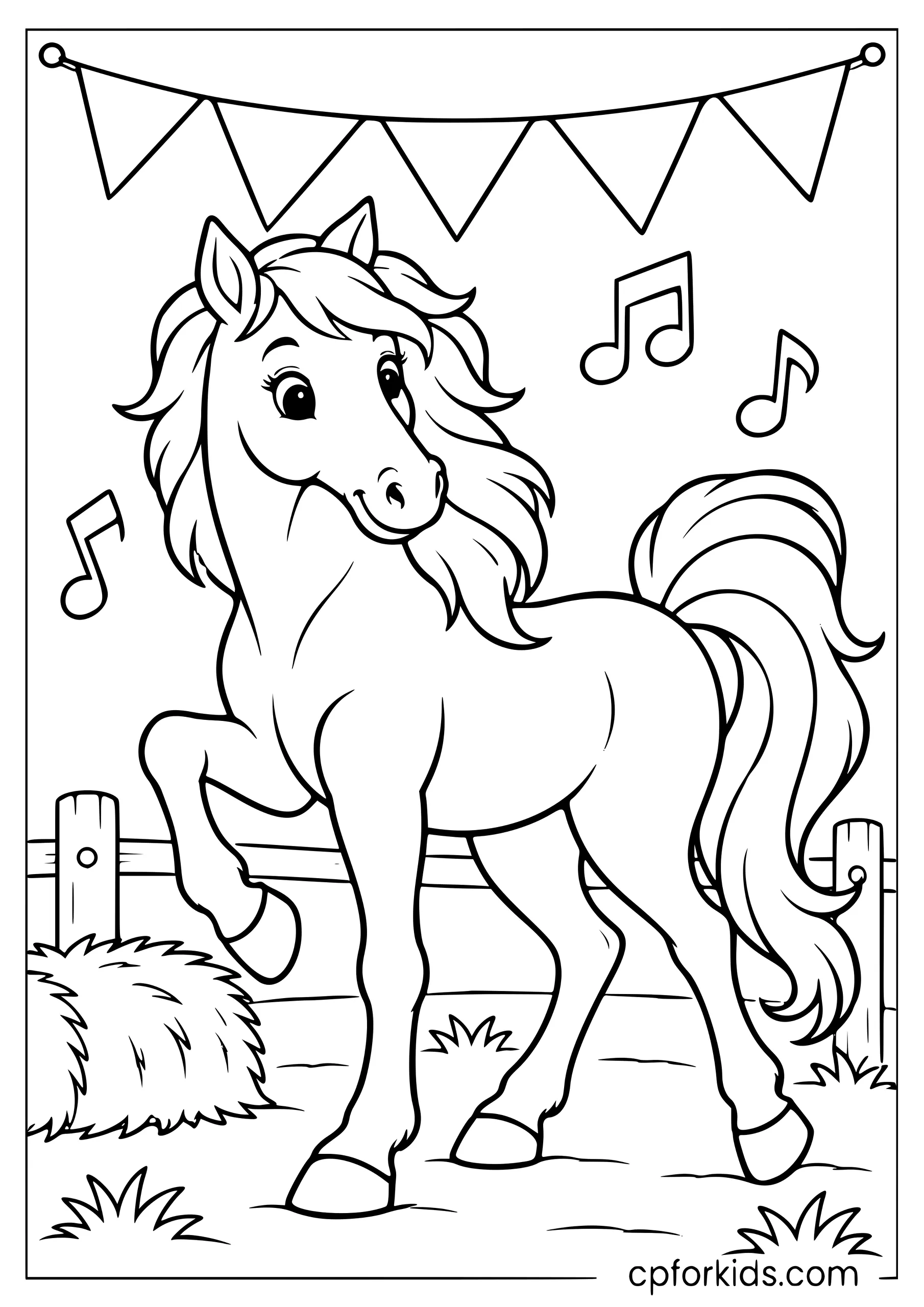 Prancing horse beneath bunting and music notes