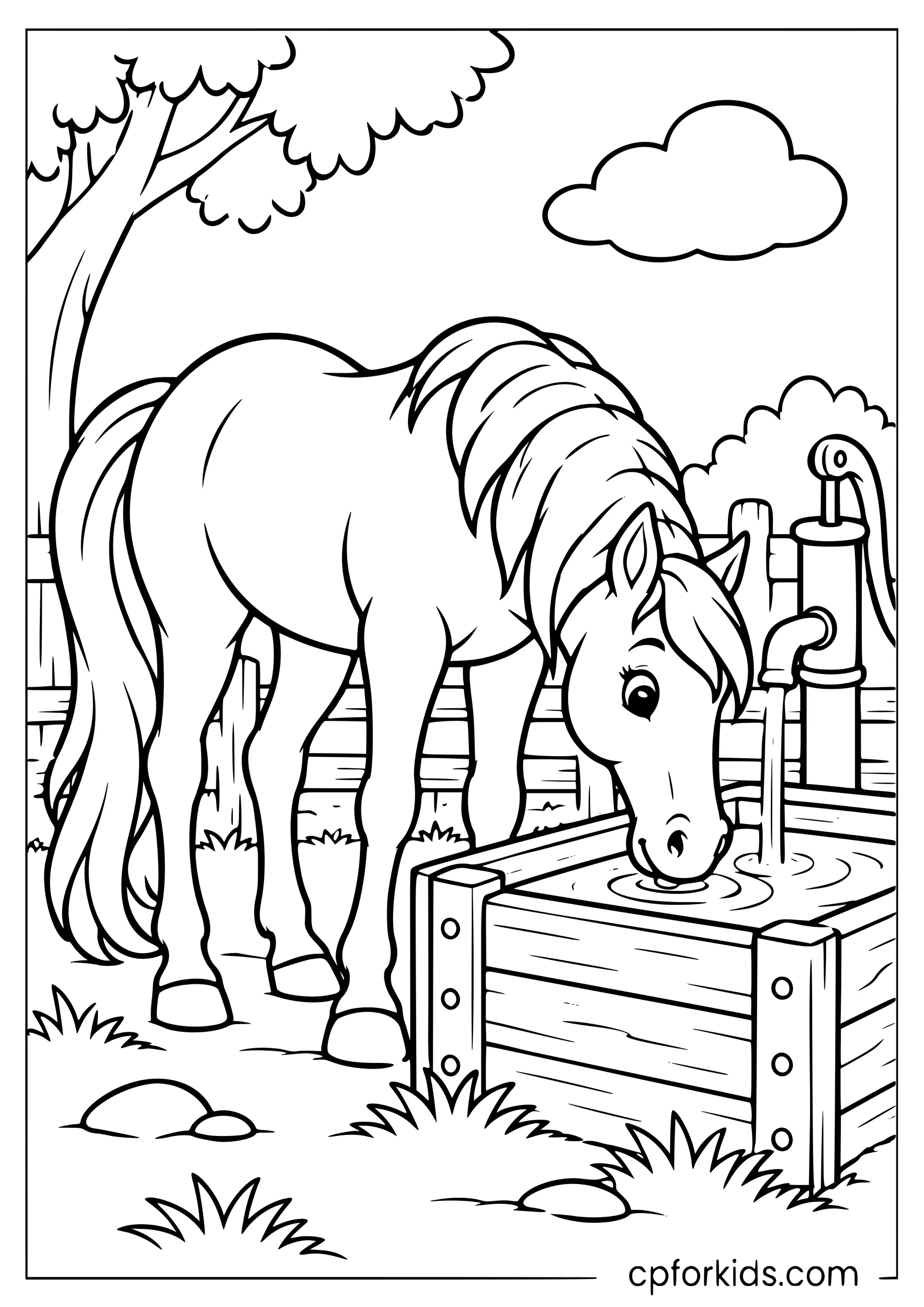 Horse drinking water from wooden farm trough