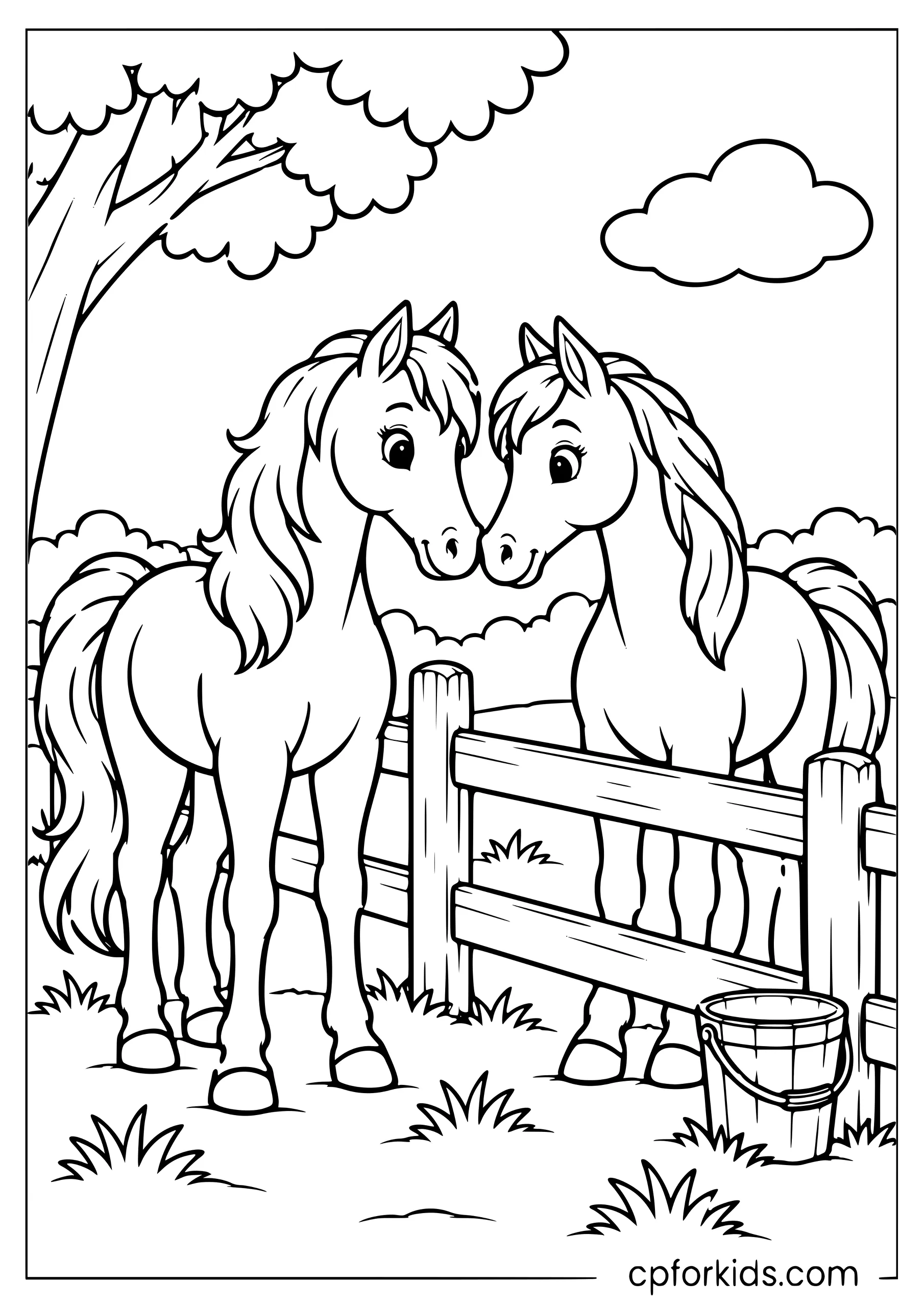 Two horses greeting across low wooden fence