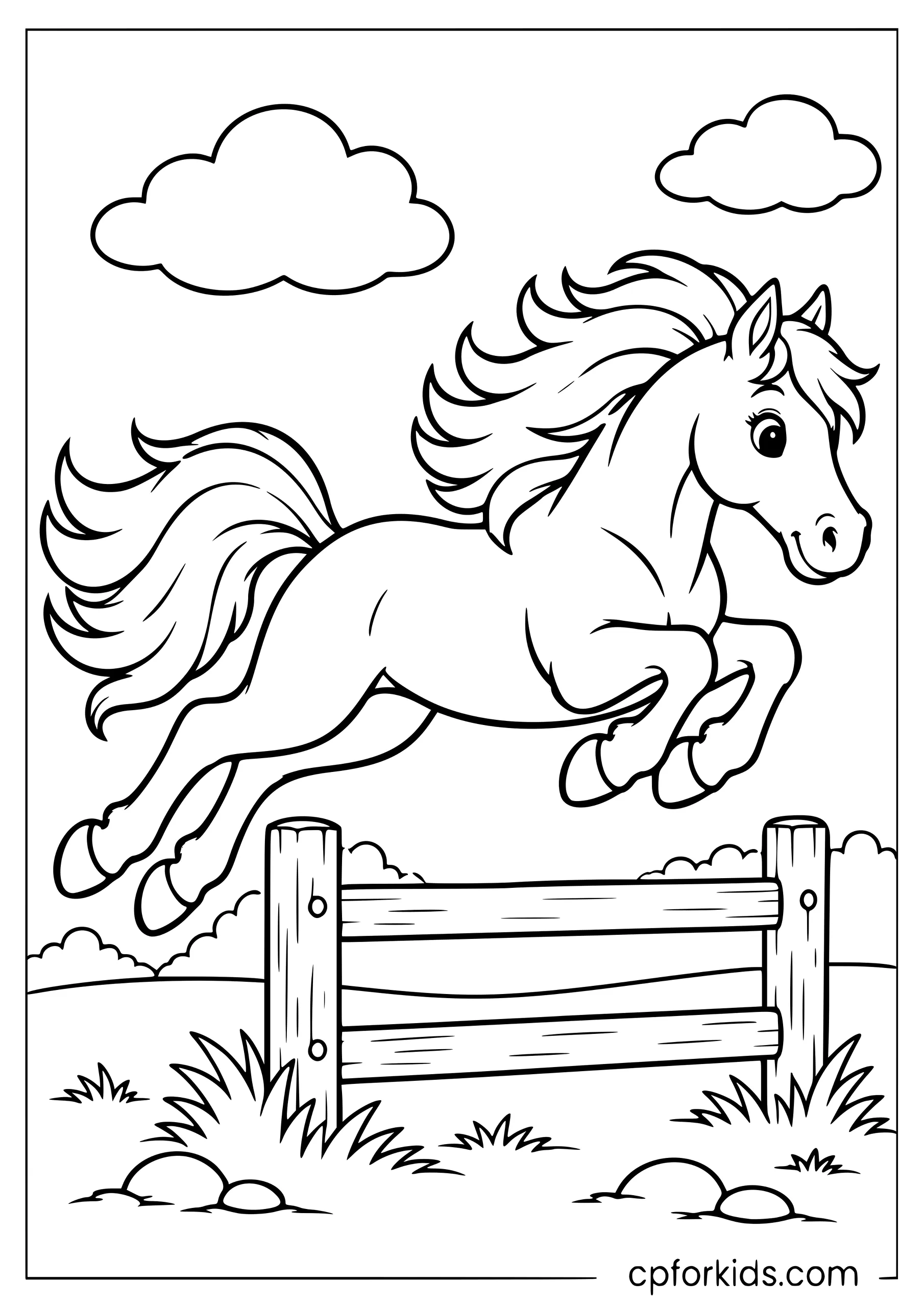 Horse jumping cleanly over low wooden fence