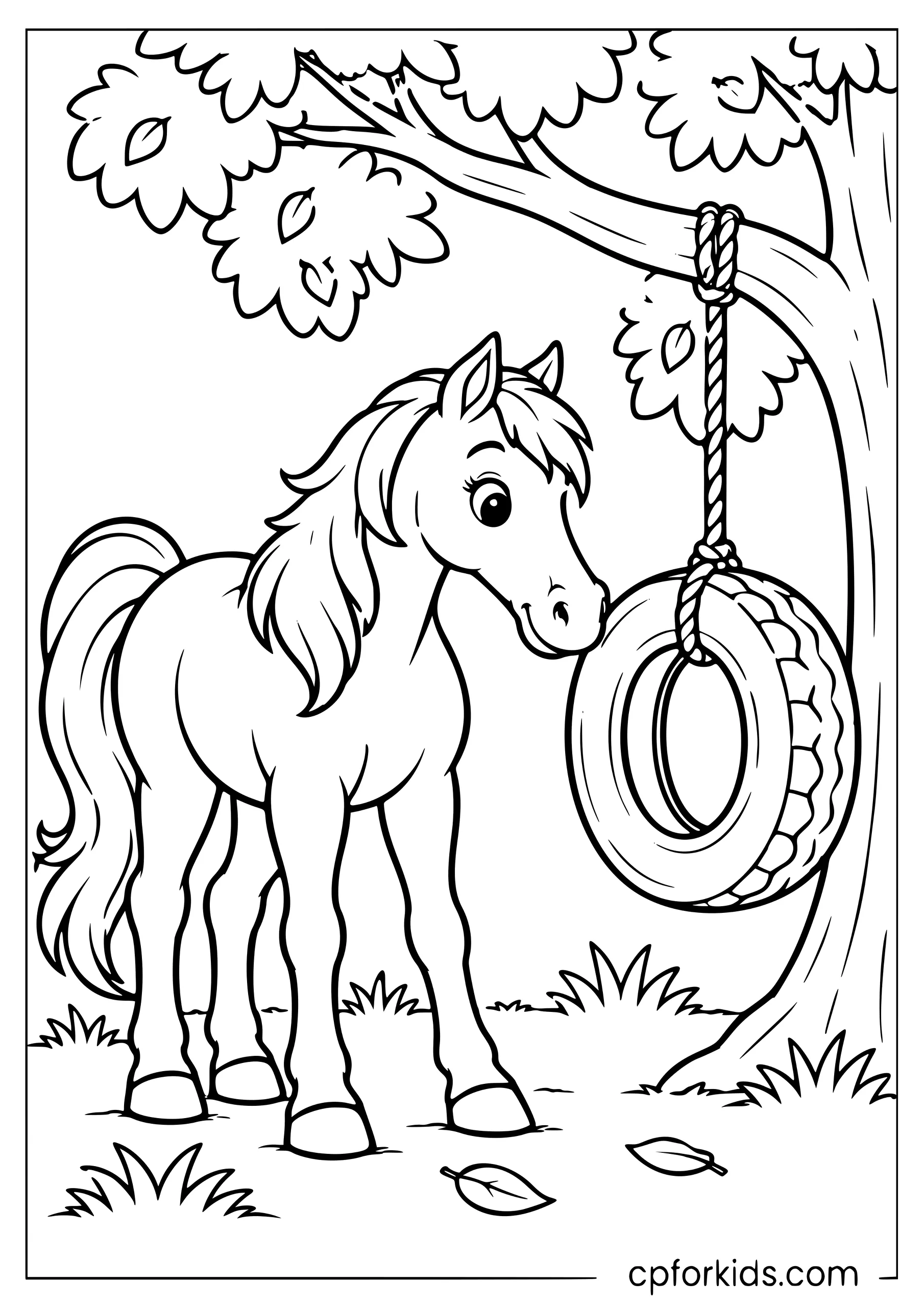 Horse nudging tire swing beneath sturdy tree
