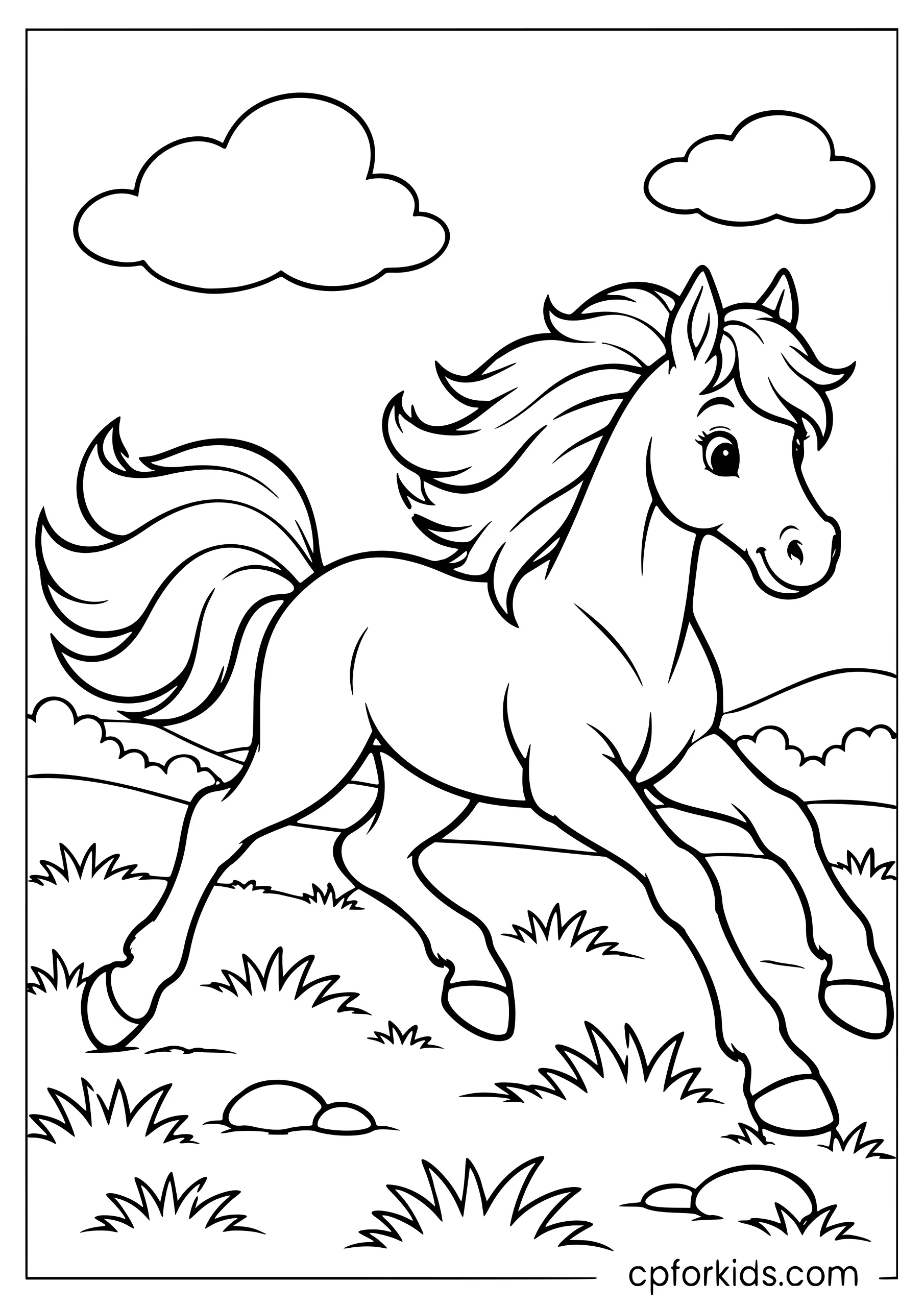Young horse running across open grassy field