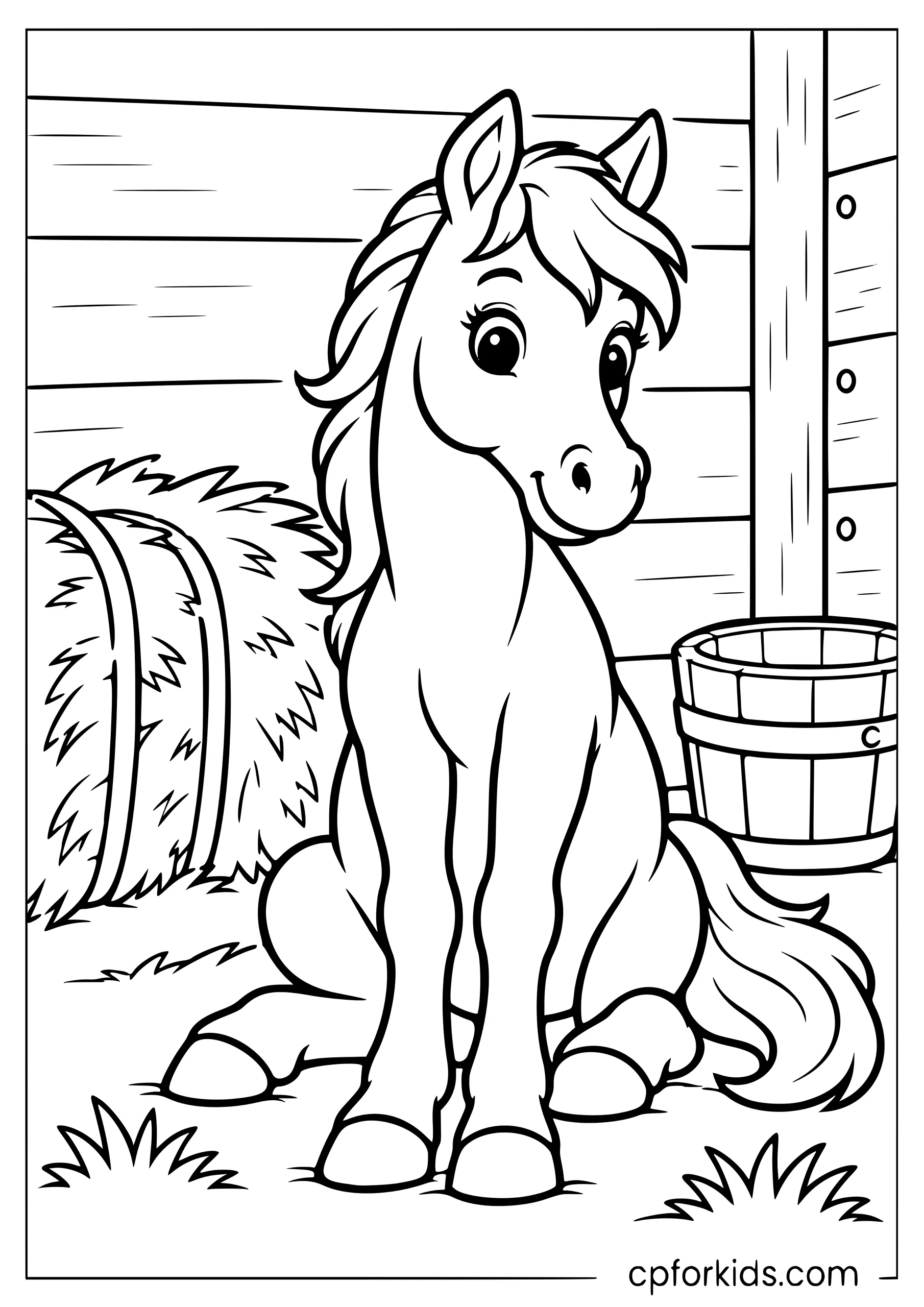 Young horse resting upright beside hay bundle