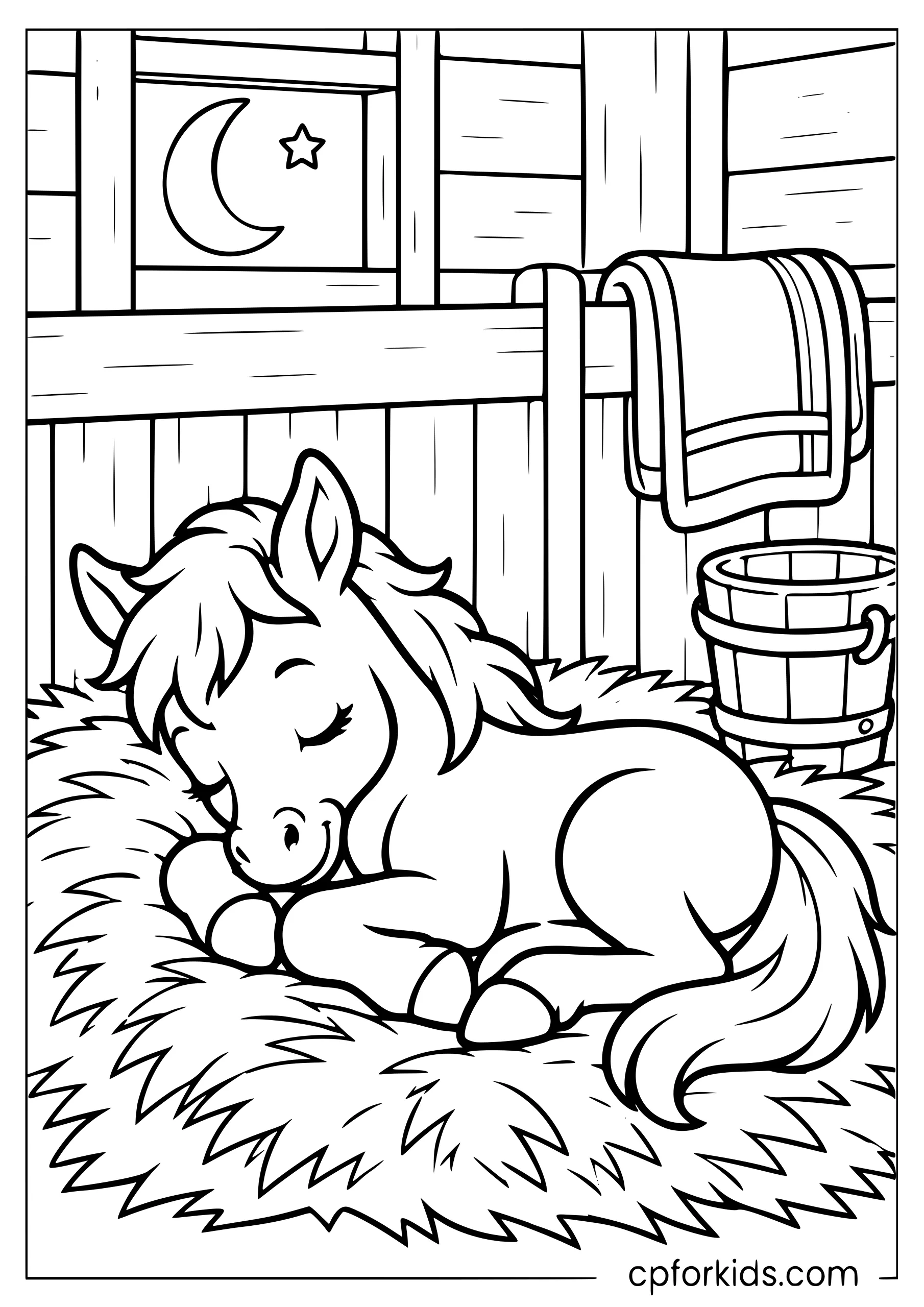 Young foal sleeping on straw inside barn