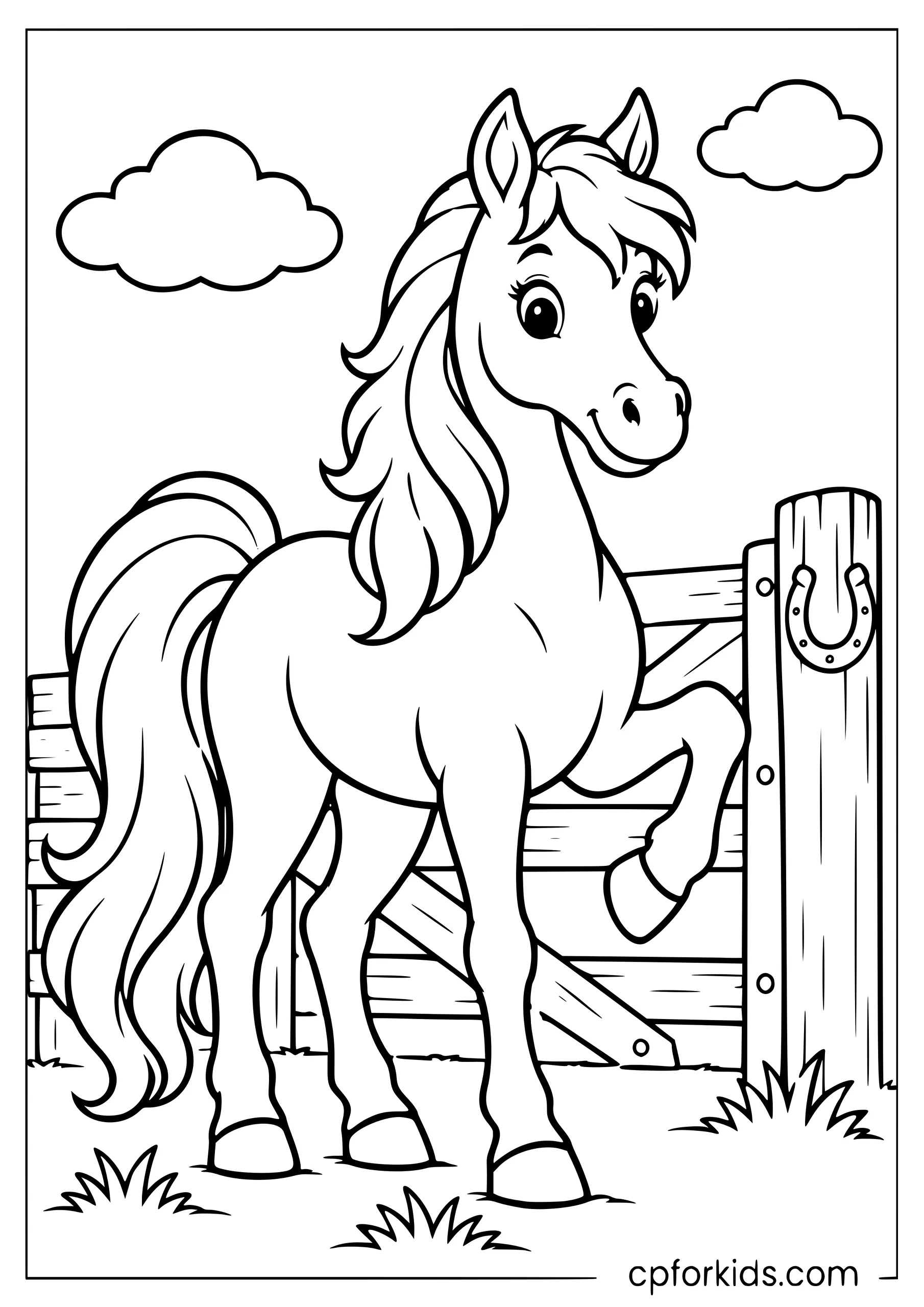 Horse raising one foreleg beside farm gate