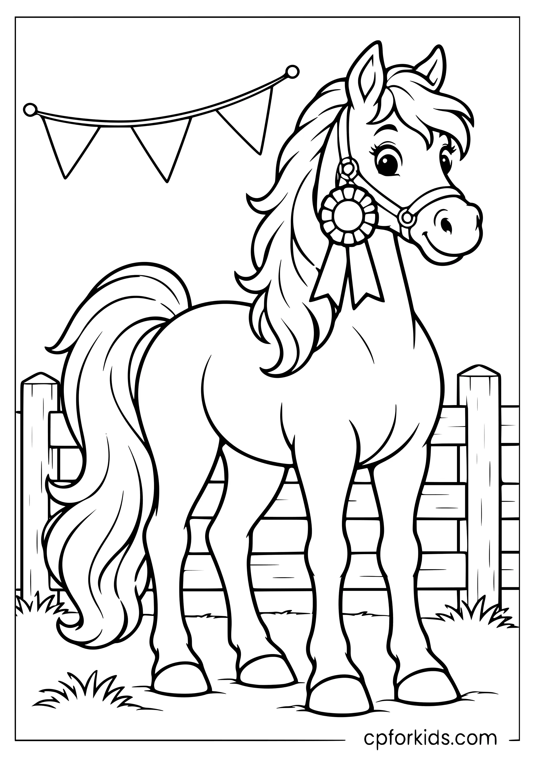 Horse wearing prize ribbon beside show fence