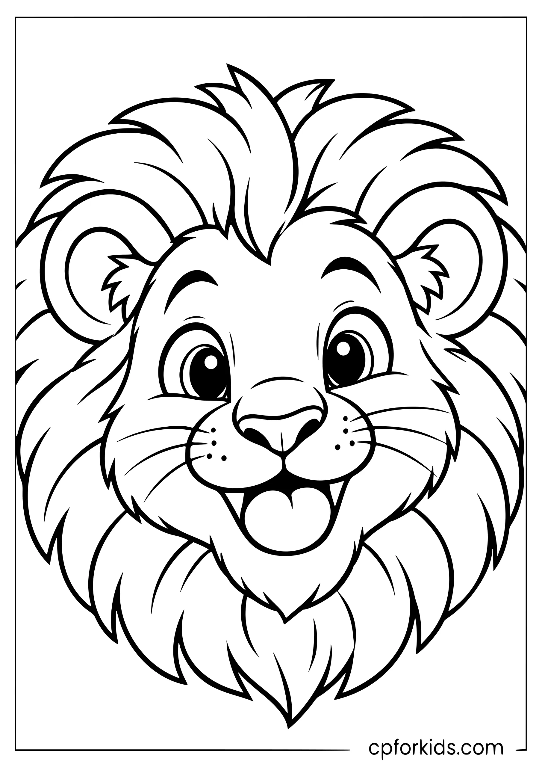 Smiling cartoon lion face with a round mane