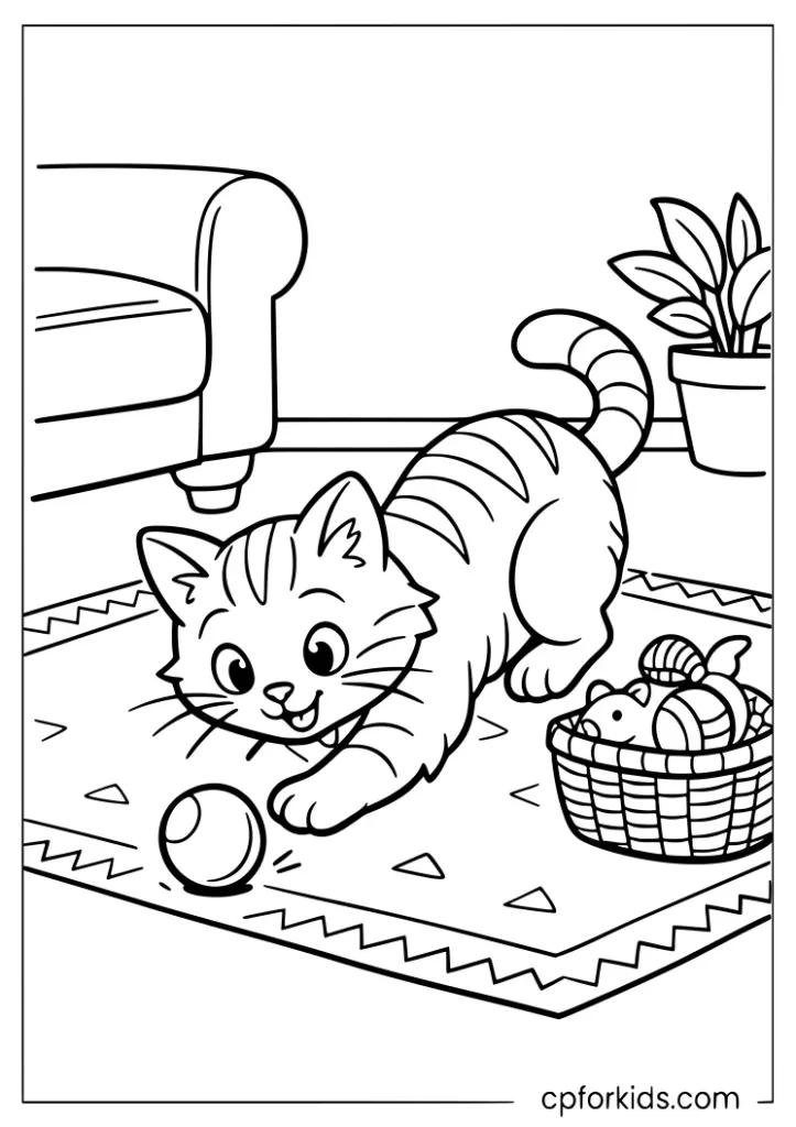 Cat playing with a ball on a living room rug coloring page