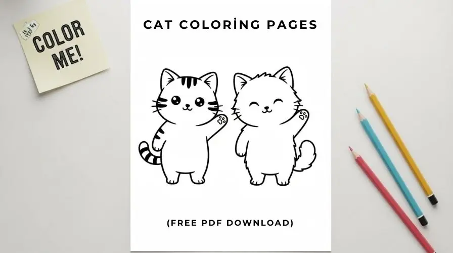 Cute and simple cat coloring pages for kids, featuring easy-to-color black line drawing on white background.