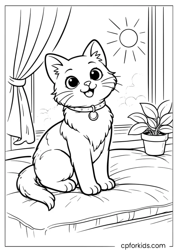White cat sitting on a sunny window seat coloring page.