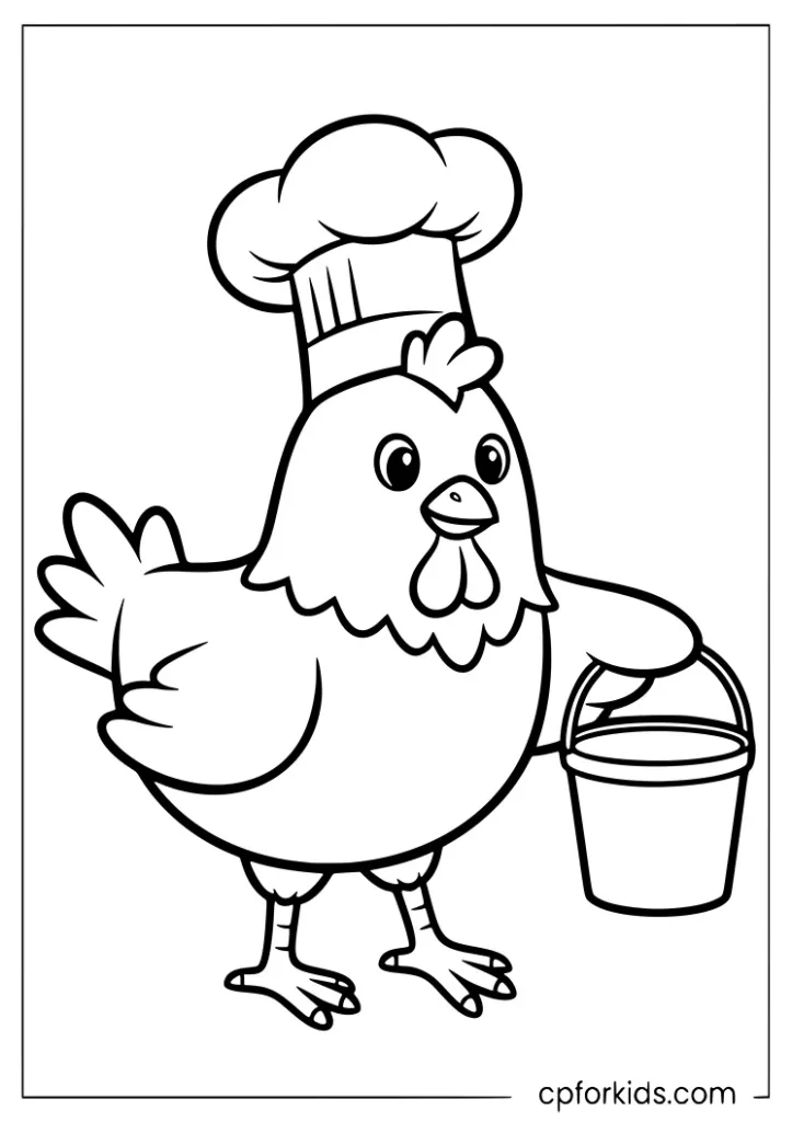 Chef chicken wearing a hat and carrying a bucket coloring page