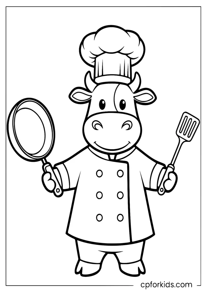 Funny cow coloring page wearing a chef's outfit with cooking utensils.
