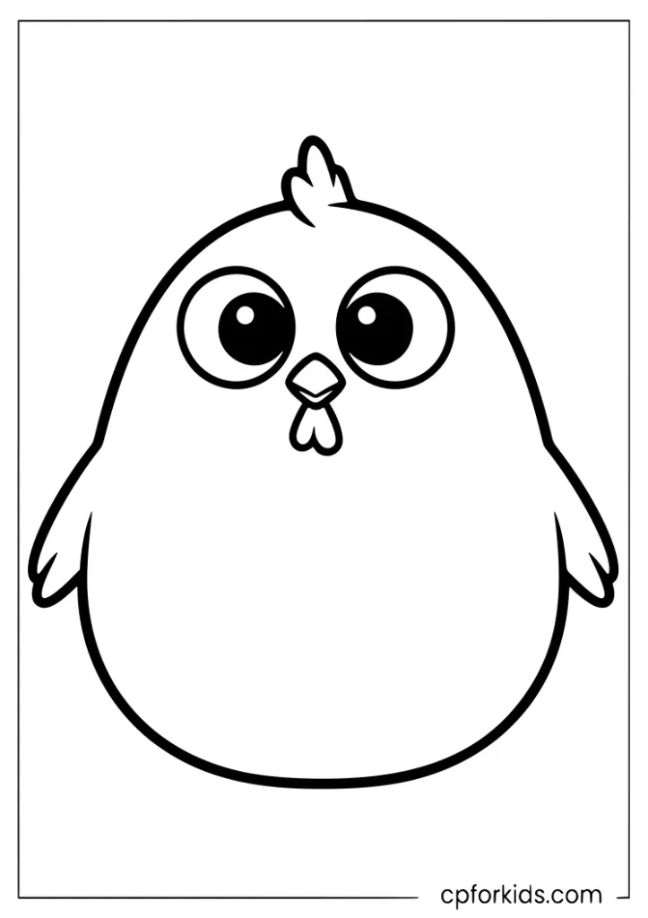 A cartoon-style chicken coloring page for kids, with big round eyes and simple black outlines