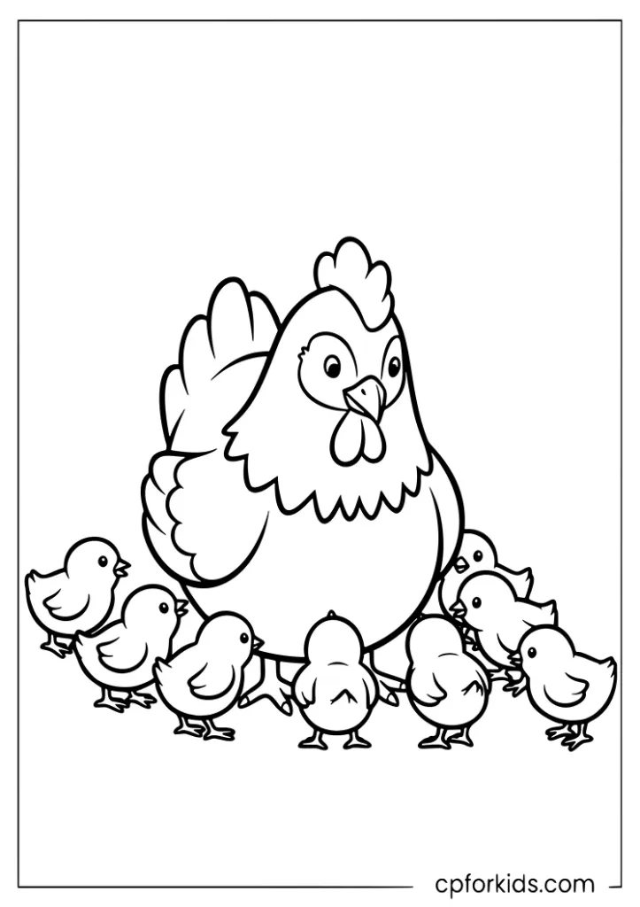 Mother hen with baby chicks coloring page for kids