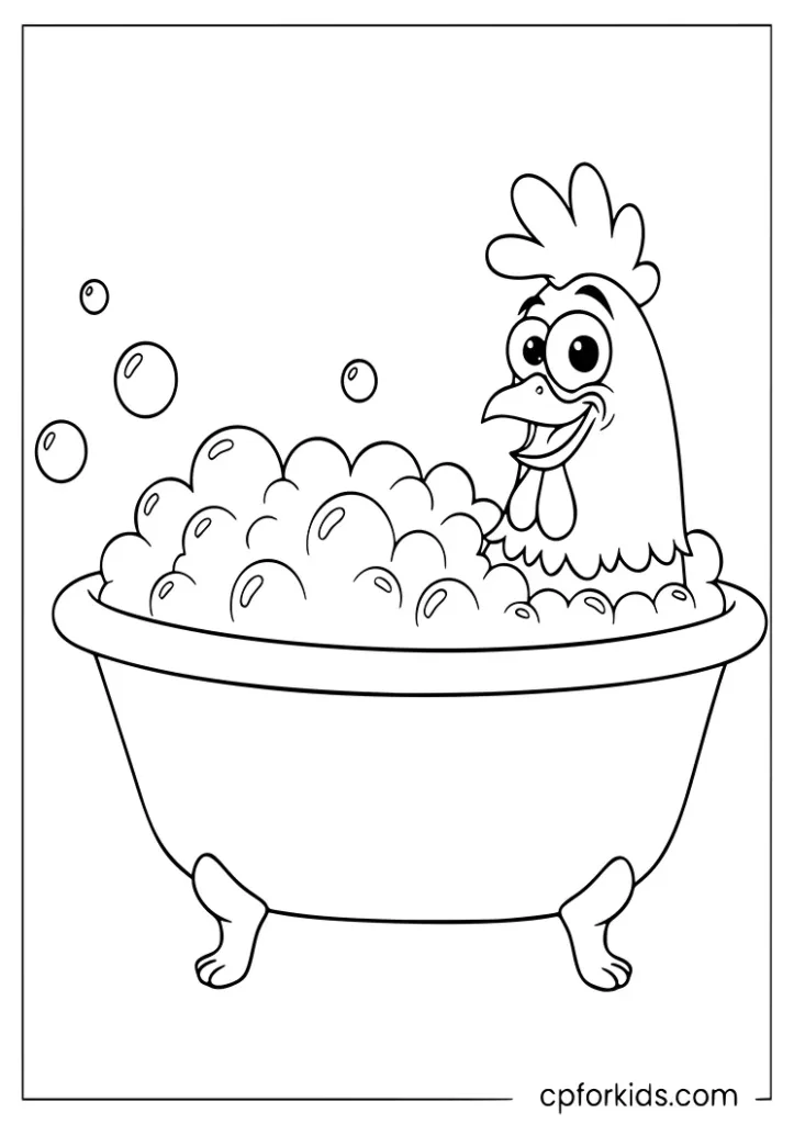 Funny chicken in a bubble bath bathtub coloring page