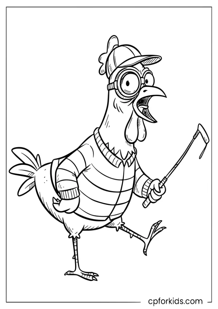 Funny chicken jockey drawing in a bold cartoon style