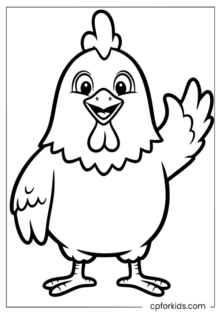 Friendly waving chicken coloring page with bold outlines