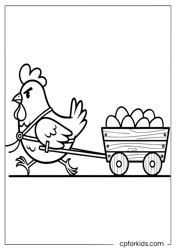 Cartoon chicken pulling a wagon full of eggs coloring page
