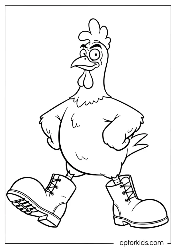 Funny farmer chicken wearing big boots coloring page