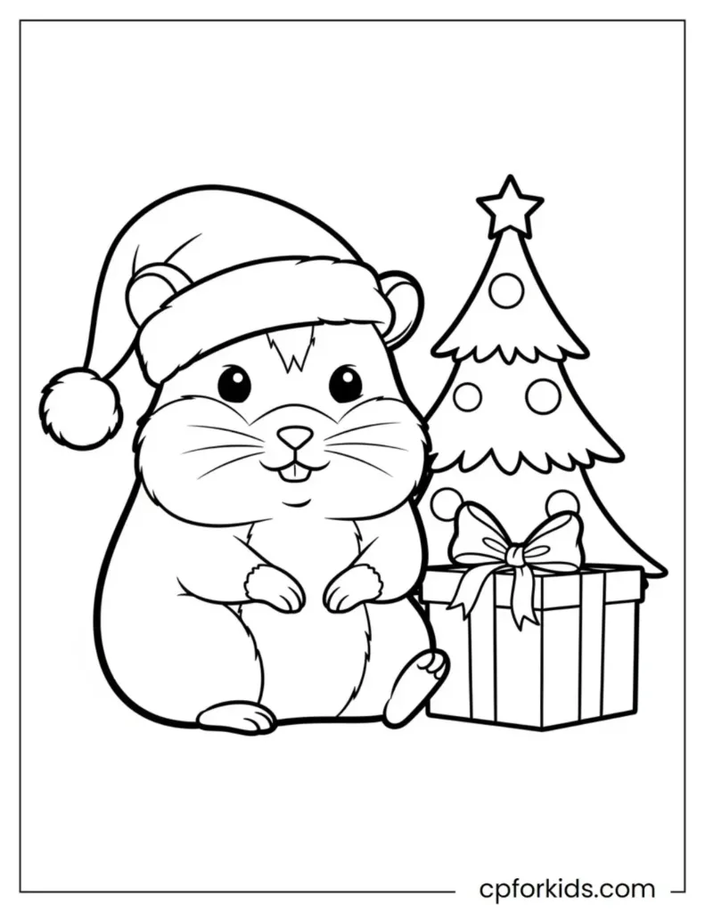 Hamster Coloring Pages for Kids 4 A coloring page of a hamster wearing a Santa hat, a decorated Christmas tree, and gift boxes.