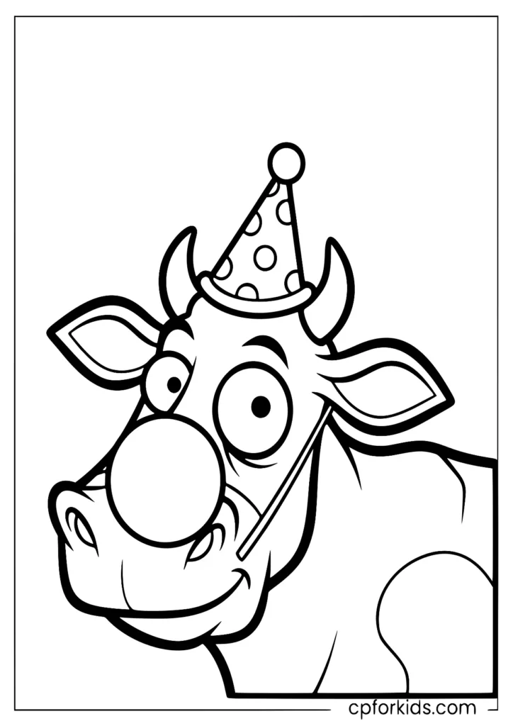 Funny cow coloring page dressed as a clown prepared especially for party-themed events.
