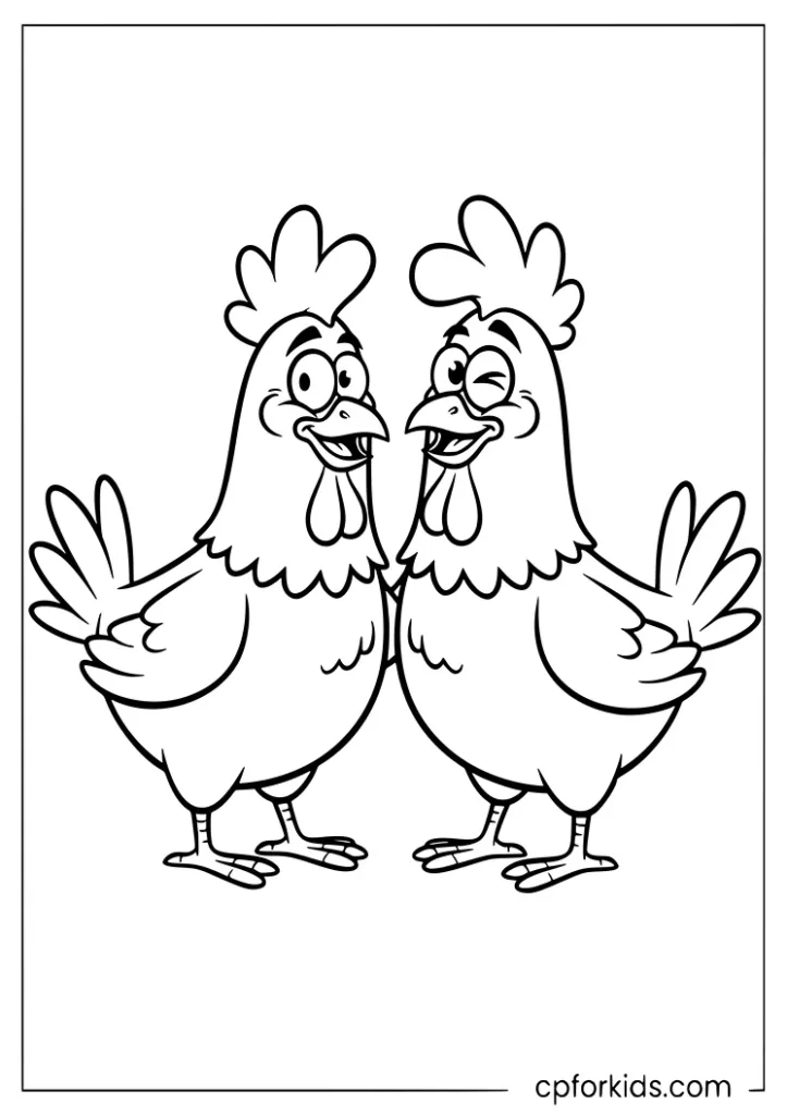 Two friendly chickens standing together coloring page