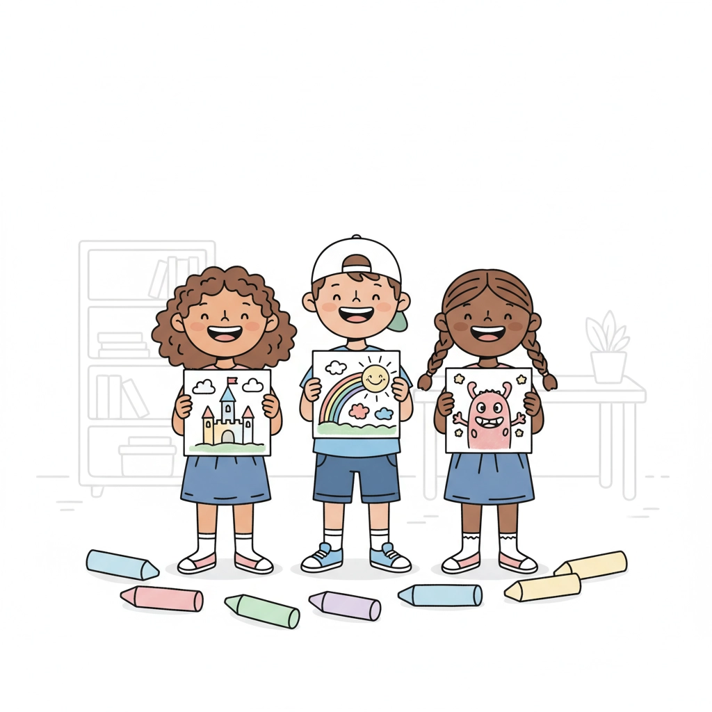 A group of children happily coloring together, showcasing the variety of printable coloring pages available on our site.