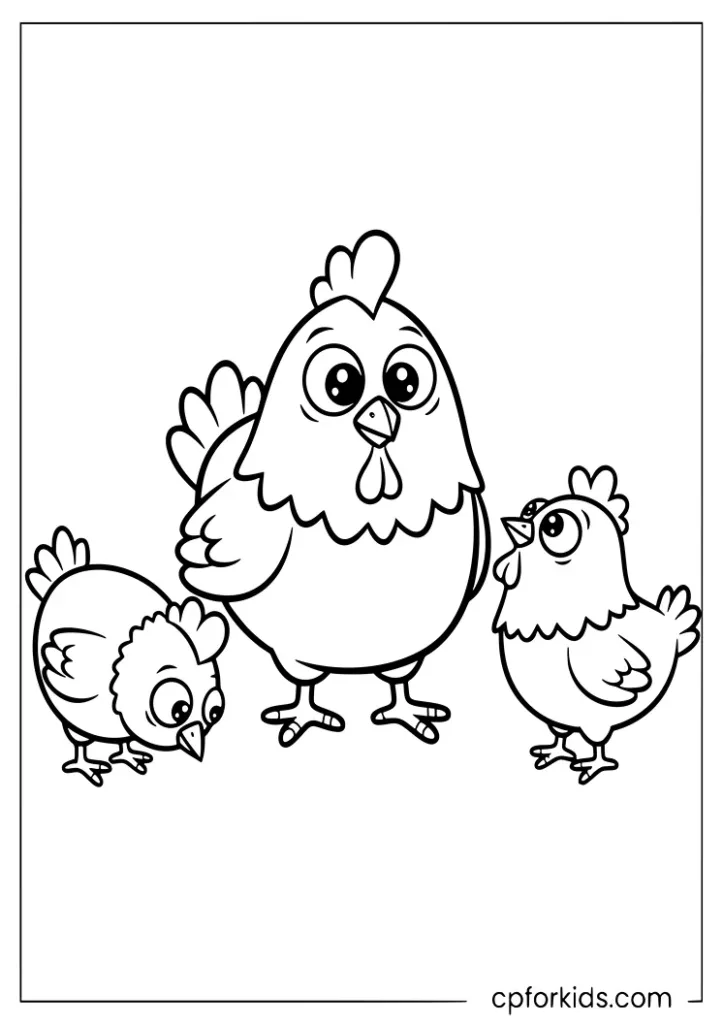 Mother hen and baby chicks coloring page for kids