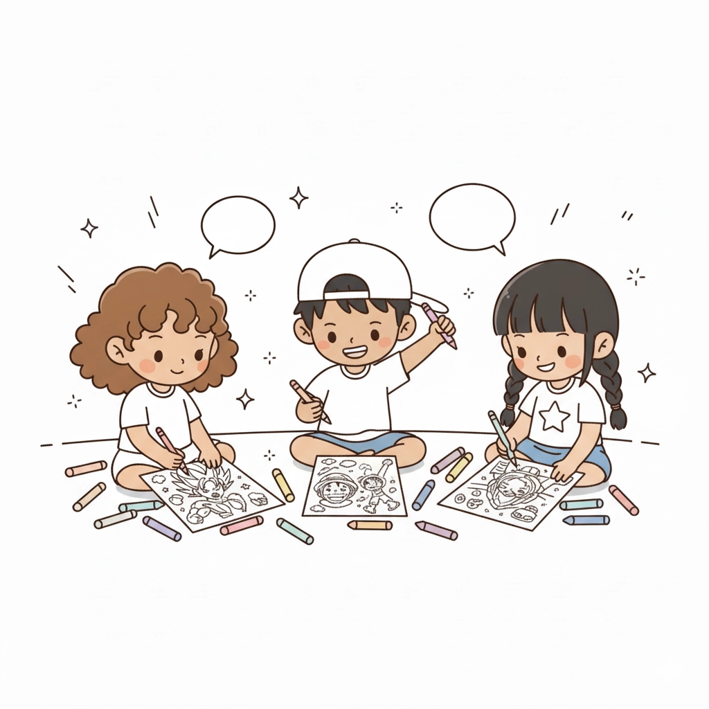 A child coloring a cool-looking anime character in action, highlighting our selection of comics and anime-themed printable pages.