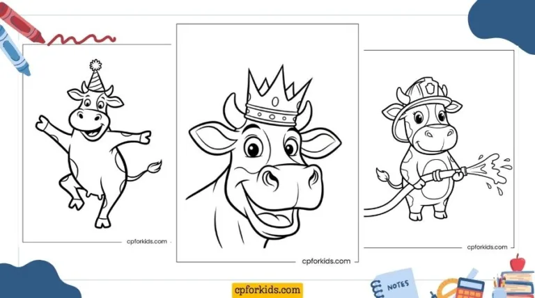 Fun cow coloring pages with dancing cows, wearing a king's crown, and cows trying to put out a fire all in one frame.