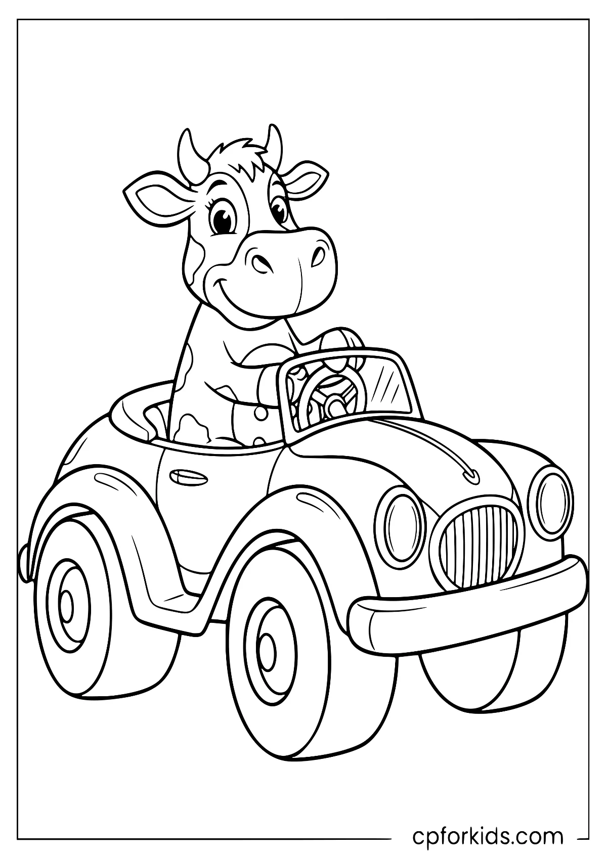 Cow driving a big-wheeled toy car