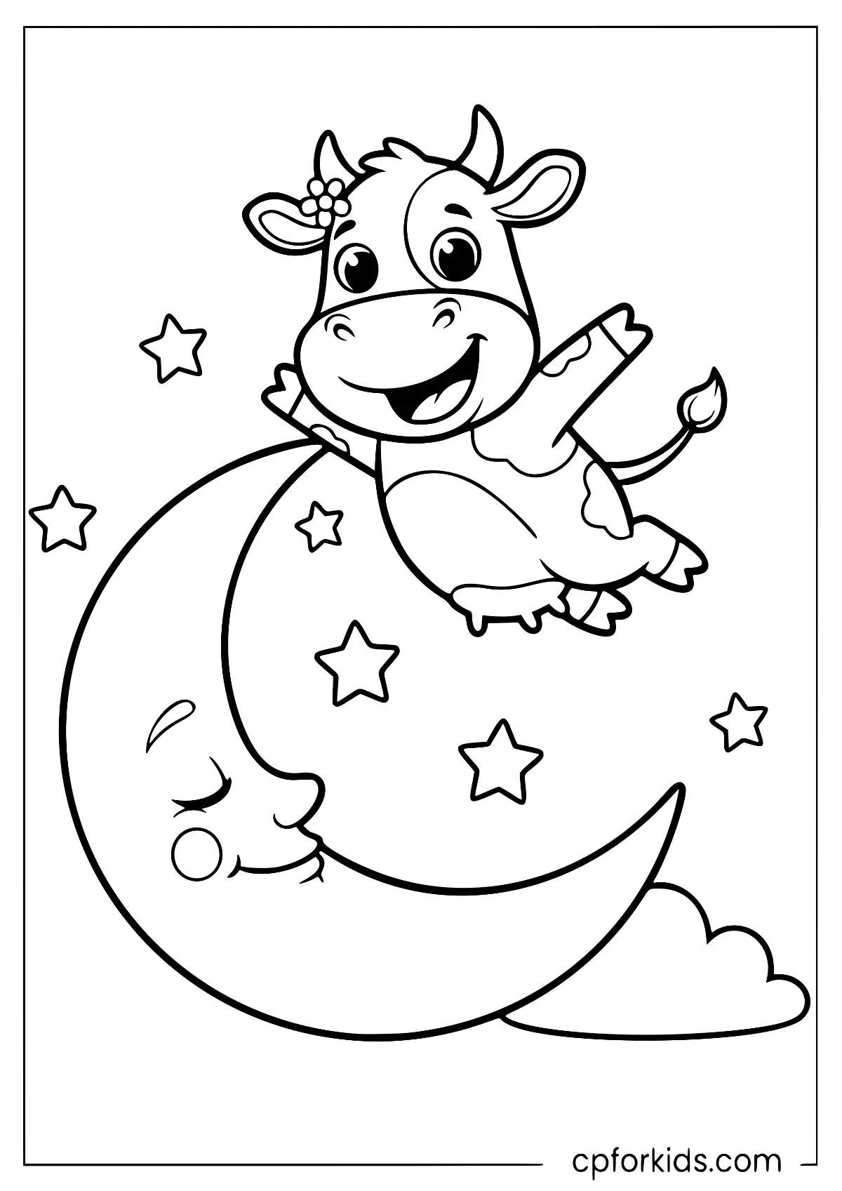 Cow with a flower behind its ear jumping over the moon