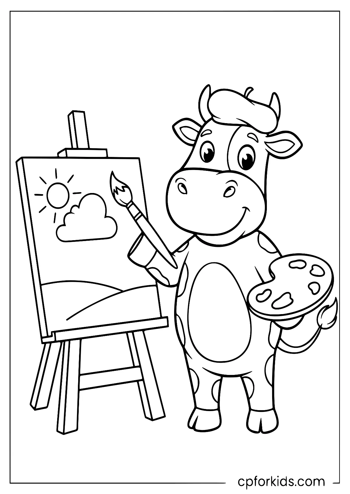 Cow holding a paintbrush and palette while painting