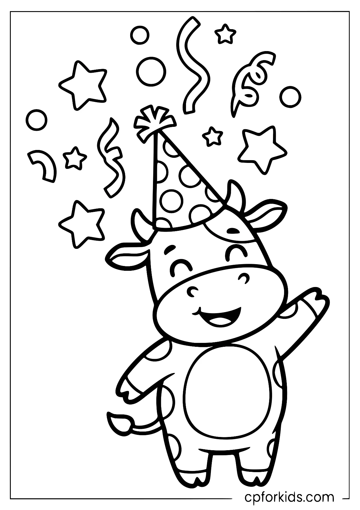 Cow wearing a party hat surrounded by confetti
