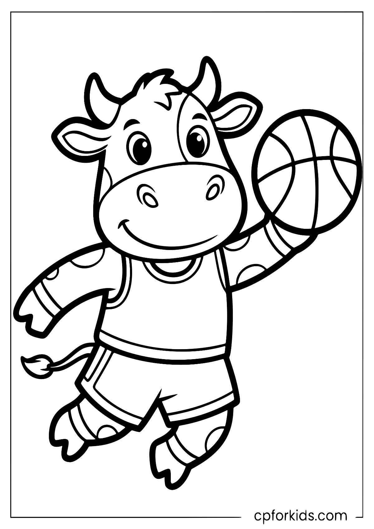 Cow playing basketball with a ball in hand