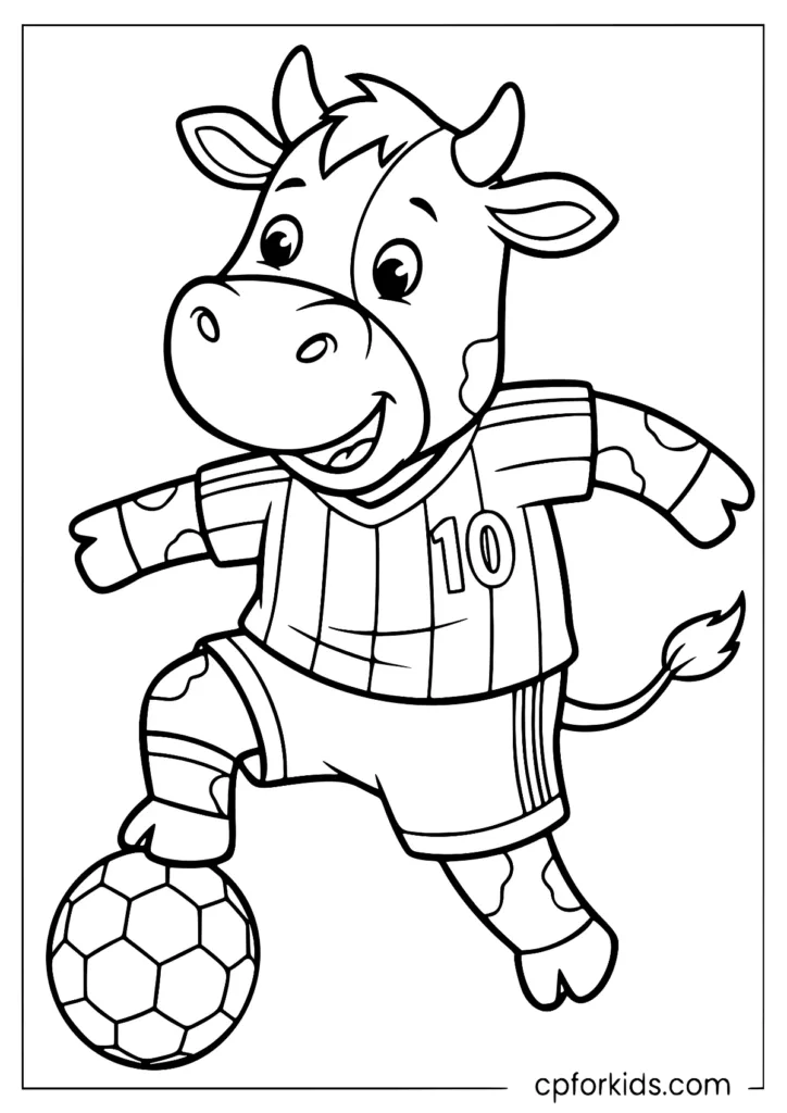 This design, drawn in a cartoon style, is a coloring illustration of a happy cow playing with a soccer ball.