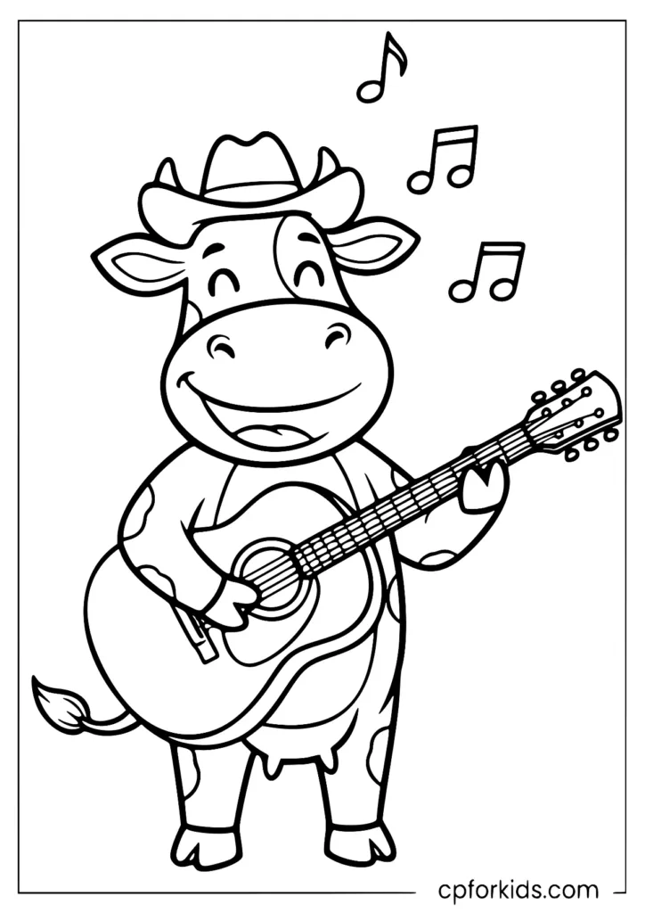 Happy cow design with cowboy hat playing guitar accompanied by paintable musical notes.