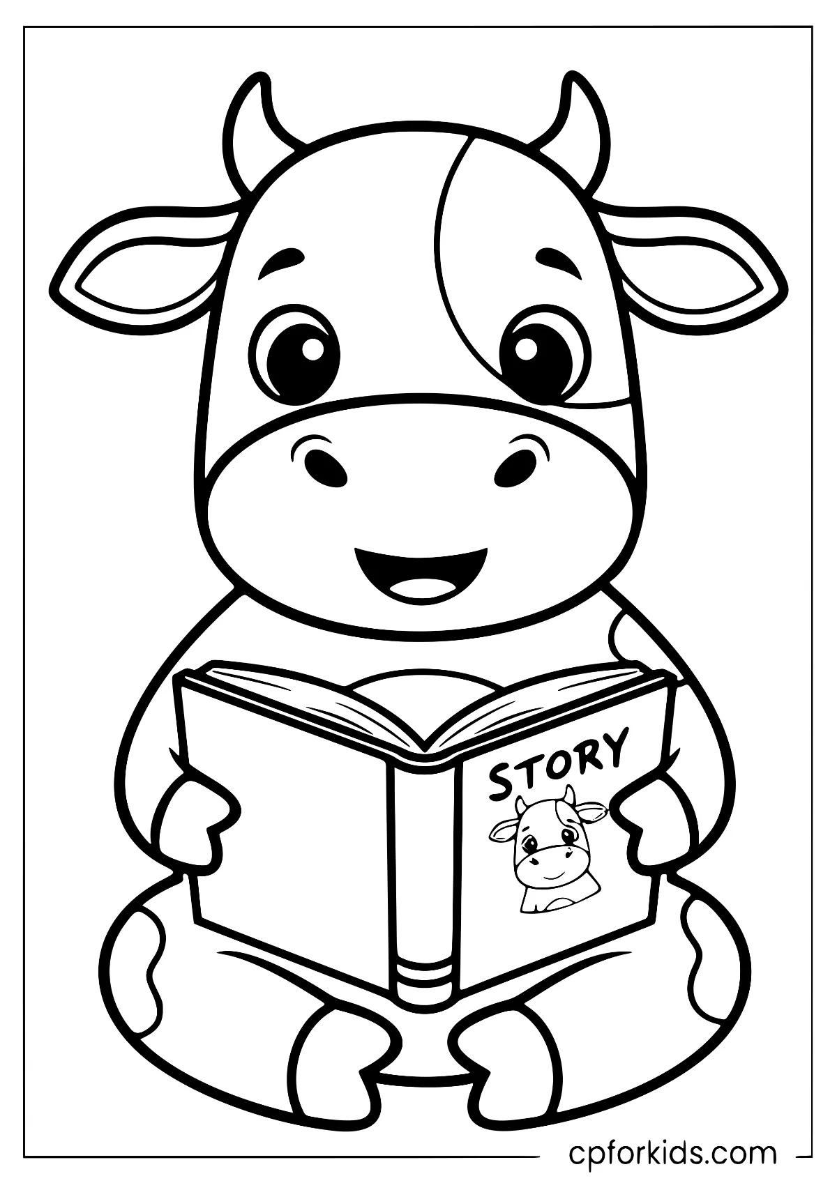 Little cow sitting cross-legged reading a storybook