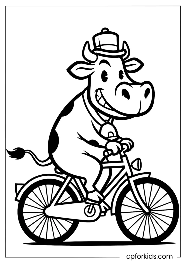 A drawing of a happy cow riding a bicycle with a fedora hat and a smile beneath its mustache.