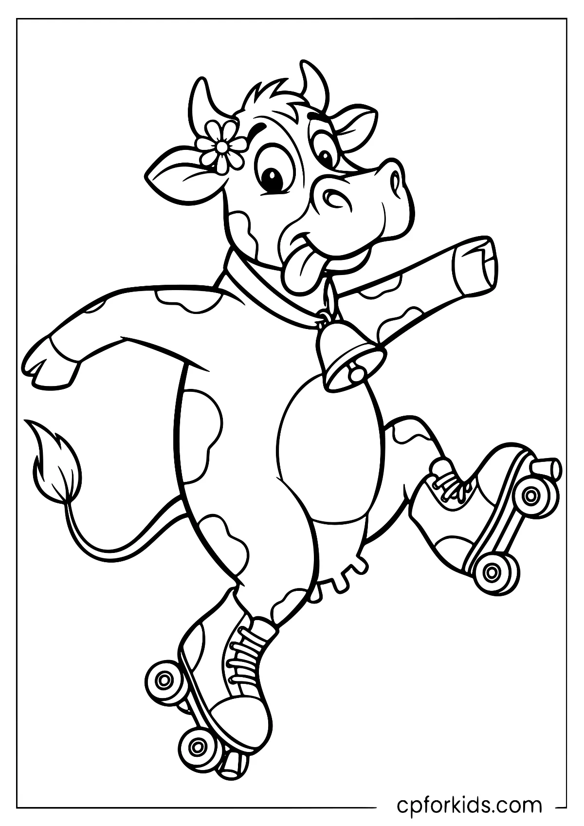 Cow roller skating with its tongue out and a bell around its neck