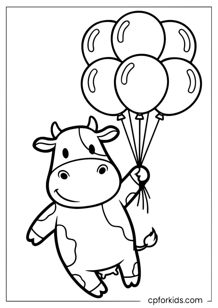 A cute cow coloring design flying towards the sky with six balloons in its hand.