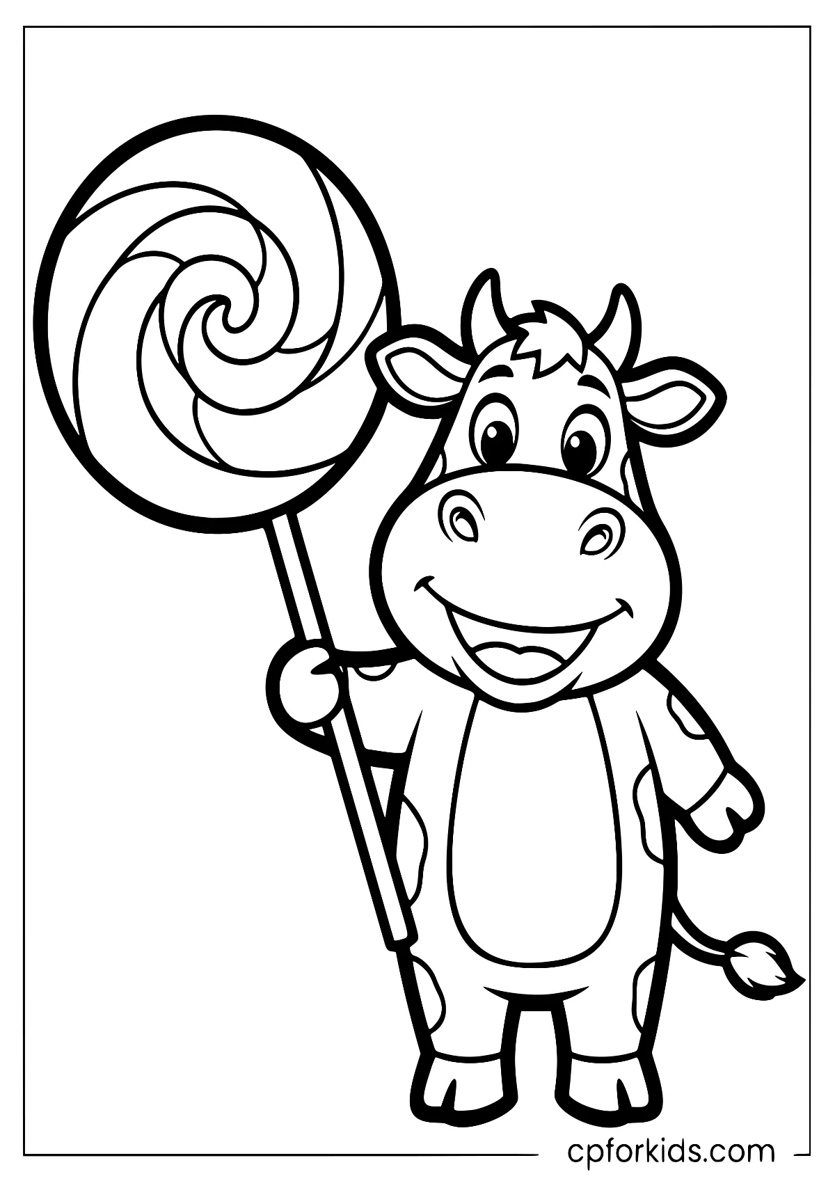 Baby cow holding a big lollipop
