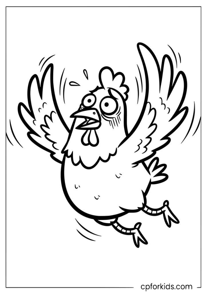 Funny flying chicken flapping its wings coloring page