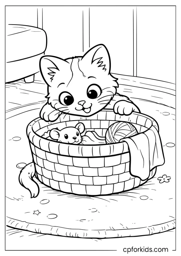 Curious kitten peeking into a toy basket coloring page