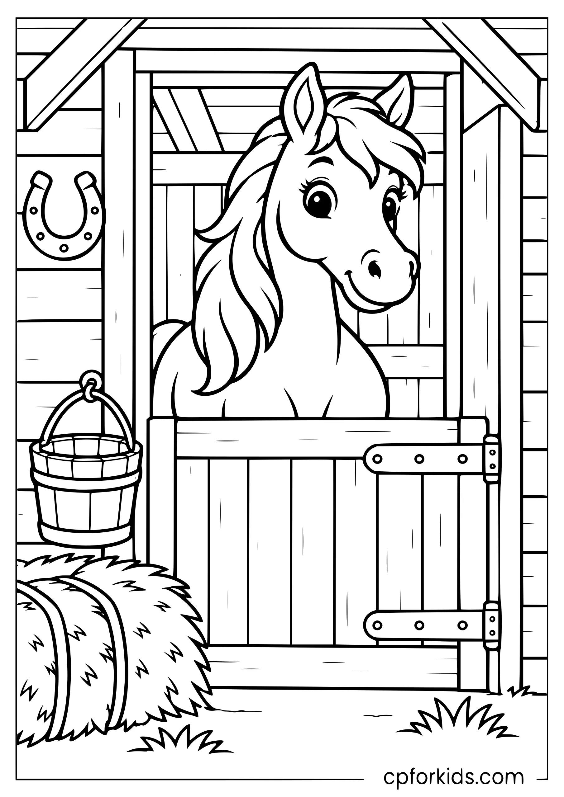 Horse looking through open wooden stable door